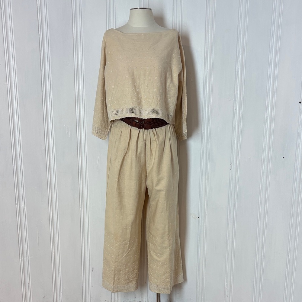 🤍 Cream Embroidered Two-Piece Set in Cotton Jute